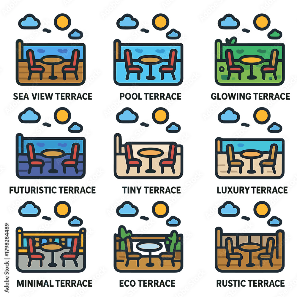 Fototapeta premium Diverse terrace views featuring sea, pool, and rustic design elements