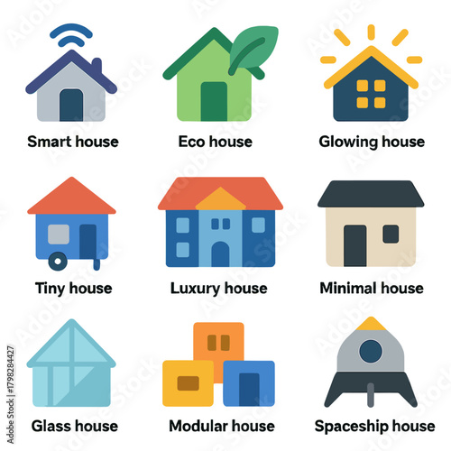 Diverse modern house icons: smart, eco, glowing, tiny, luxury, minimal, glass homes