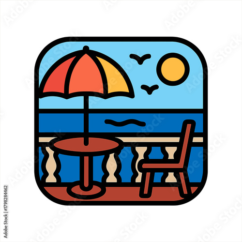 Beachfront balcony icon with umbrella and ocean view