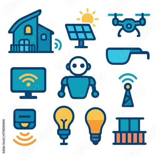 Futuristic technology icons: smart home, solar, drone, ai, and more