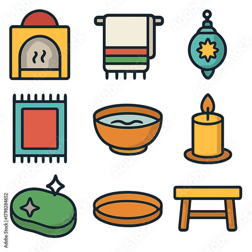 Cozy home elements: icon set of fireplace, candle, and decorative items