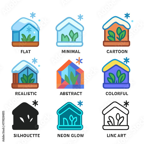 Nine styles of houseplant icons: flat, minimal, cartoon, realistic, abstract