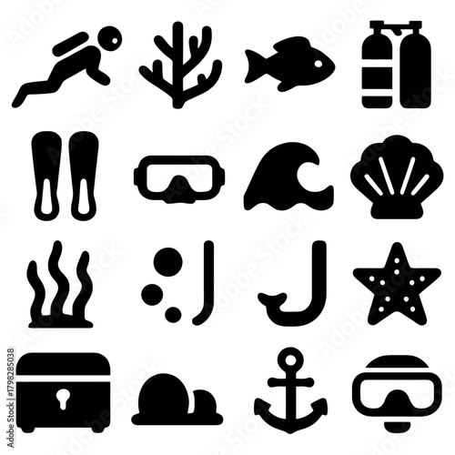 Underwater Adventure: Iconic vector silhouettes representing the underwater world and all its mysteries. This collection of graphic elements captures the essence of diving, marine life.