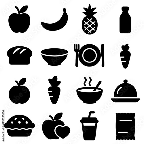Wholesome Menu Elements: A collection of various fruit, bread, and vegetable items, including an apple, banana, pineapple, carrot, bowl, soup, pie, and drink, as well as a plate and bottle.