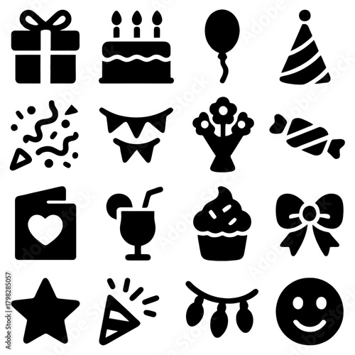 Birthday Celebration Icons: A collection of simple, yet elegant black icons perfectly captures the essence of birthday festivities, offering a visual symphony of joy, celebration.