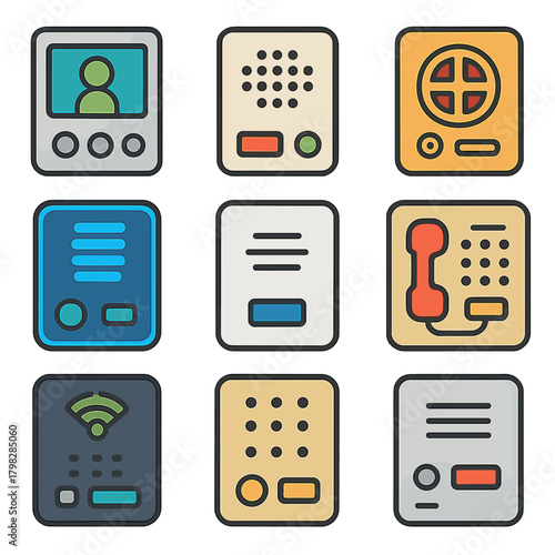 Colorful retro intercom and communication device icons collection
