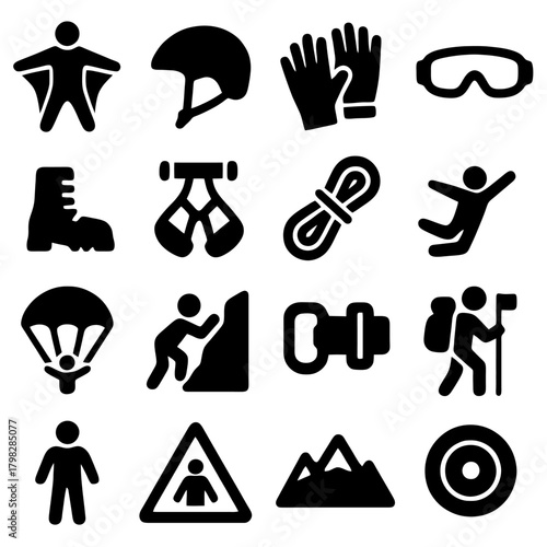 Adventure Gear Icon Set: An array of minimalist icons showcases essential equipment for outdoor adventures, symbolizing the spirit of exploration and the thrill of outdoor activities.