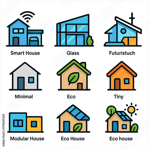 Smart and eco-friendly house icons illustrating modern architectural styles