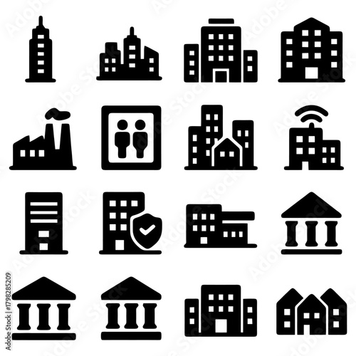 Architectural Icons: A collection of architectural icons. Each represents a distinct building type, from towering skyscrapers to government building, industrial complexes