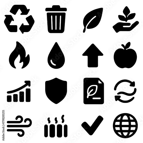 Eco-Friendly Icons: A visual representation of environmental sustainability and eco-conscious living, this collection of simple, black icons symbolizes key aspects of a greener future.