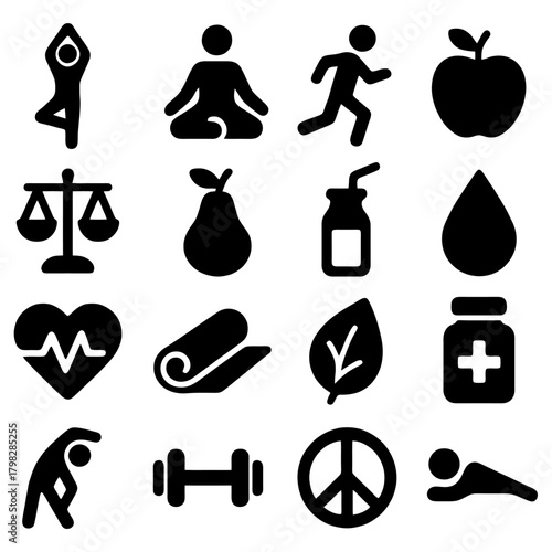 Healthy Lifestyle Icons: A collection of iconic visuals representing the essence of a well-balanced, wholesome lifestyle, promoting wellness, mindfulness, and vitality.