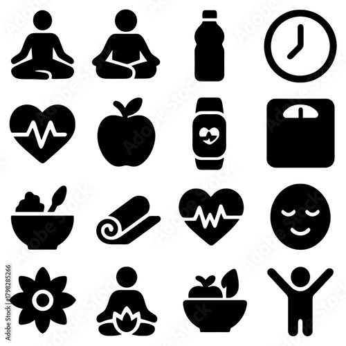 Wellness Icons: An array of vector icons depicts a holistic approach to wellness, encompassing mindfulness, healthy food, physical activity, and overall well-being.
