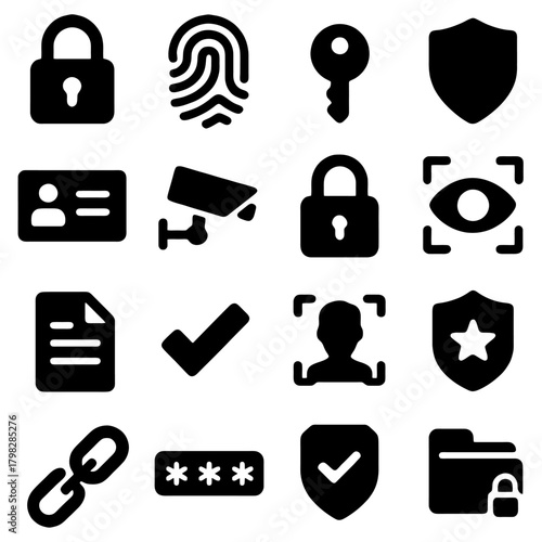Security Icons: A comprehensive array of security icons, encompassing essential elements that represent safety, protection and privacy in digital world. The set includes icons symbolizing data.