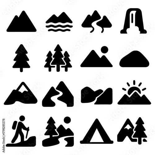 Nature Icons Silhouette: A collection of various silhouette landscape icons, mountain, trees, water, and sunrise that convey the essence of outdoors and nature