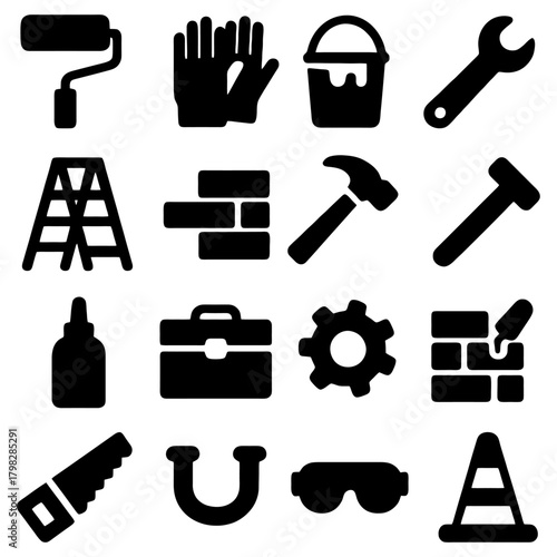 Construction Tools and Supplies Icon Set: This illustration features an array of essential tools and supplies. Every symbol showcases the tools used for construction and DIY projects.