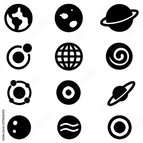 Planetary Symphony: A minimalist ensemble of celestial bodies. Showcasing the beauty and mystery of the universe, each planet and celestial object presented in a clean, iconic design.