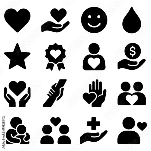 Charity Icon Collection: An array of simple, emotive black icons capturing the essence of generosity, love, and care. Representing values of kindness and empathy.