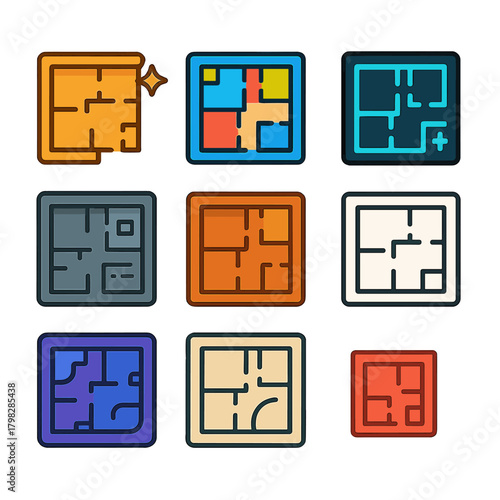 Colorful apartment blueprints set in modern, minimalist design