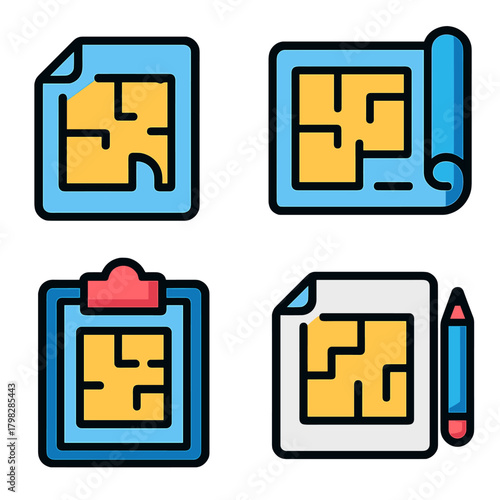 Blue and yellow map icons set on gradient background
