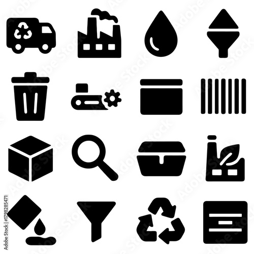 Industrial Icon Set: An extensive collection of industrial icons, symbols representing essential elements like recycling, factory processes, and packaging, meticulously crafted for design versatility.