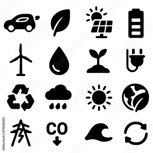 Eco-Friendly Icons: Set of minimalistic icons representing various ecological concepts. Showing solar panels, renewable energy, and environmental sustainability.