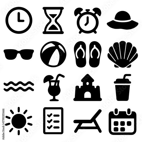 Vacation Elements Icon: A collection of beach-themed icons, featuring a clock, hourglass, sunglasses, beach ball, flip-flops, seashells, wave, cocktail, sandcastle, drink, sun, checklist, deckchair.