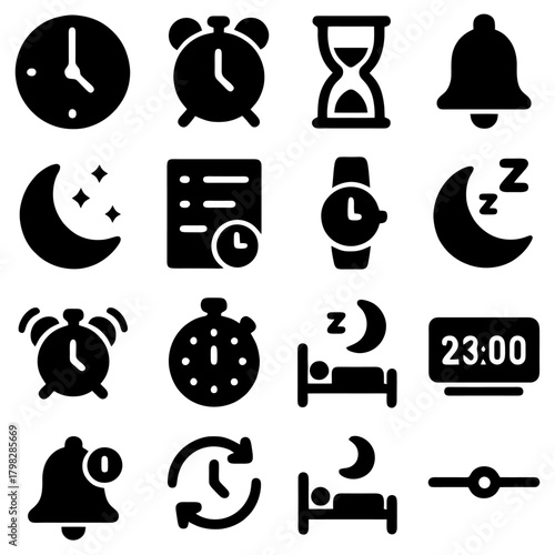 Time Icons Collection: A curated collection of diverse icons, depicting the essence of time in various forms such as watch, clock, hourglass, bell and the night. 
