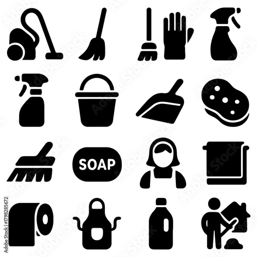 Cleaning Icons: A collection of various icons related to cleaning tasks, including cleaning agents, and essential tools, set against a pristine backdrop. 