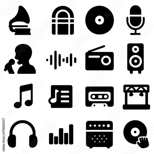 Music Icon Array: A collection of meticulously crafted, minimalistic black icons, capturing the essence of the musical world. Each symbol represents a unique facet of sound.