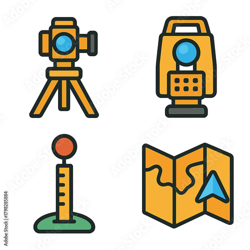Surveying equipment icons: map, tripod, marker, measurement tools