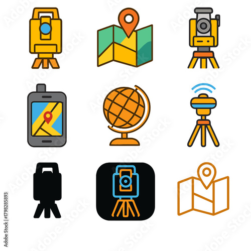 Colorful surveying icons featuring gps, map, and globe elements