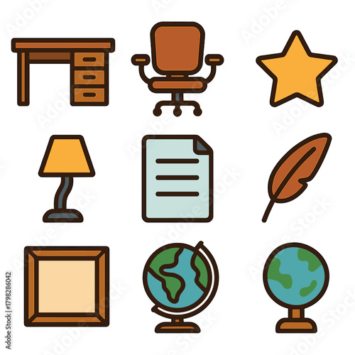Office desk essentials: chair, lamp, document, globe, and more icon set
