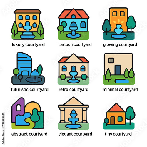Nine courtyard icon designs featuring various styles and vibrant colors