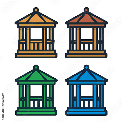 Colorful gazebo icons set on dark background for design projects