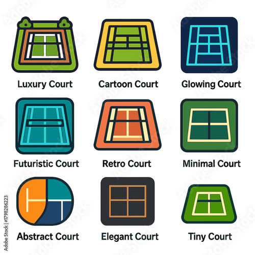 Colorful icons of tennis courts in various artistic styles on gradient background