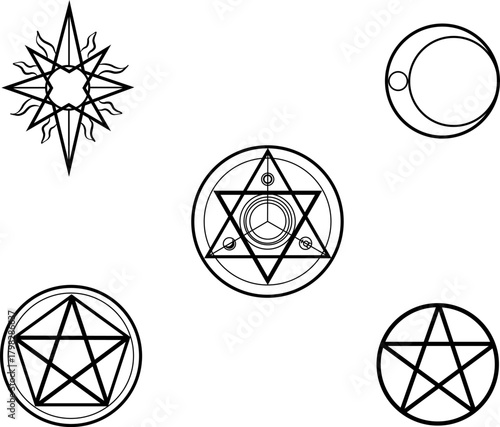Magical and witchcraft symbols in black on a white background