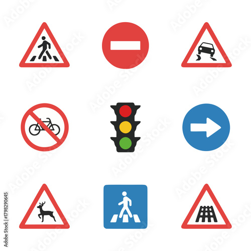 Collection of simple flat style road warning and mandatory sign icon. Include pedestrian, traffic light, stop, deer, no bicycle, slippery road, railway crossing and turn right.	