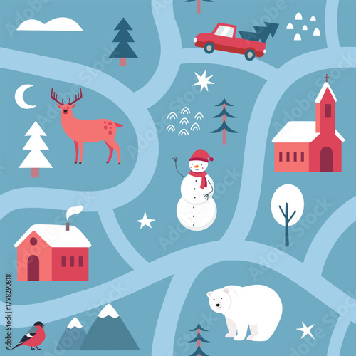 Vintage map winter seamless pattern with cute houses stars trees snowman. Cute Christmas design, Scandinavian style background. Vector illustration