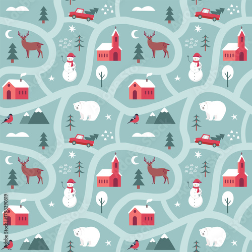 Vintage map winter seamless pattern with cute houses stars trees snowman. Cute Christmas design, Scandinavian style background. Vector illustration