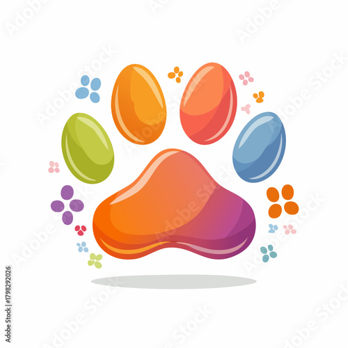 Vibrant and Colorful Vector Illustration of a Pet Paw Print with Gradient Hues and Small Floral Accents