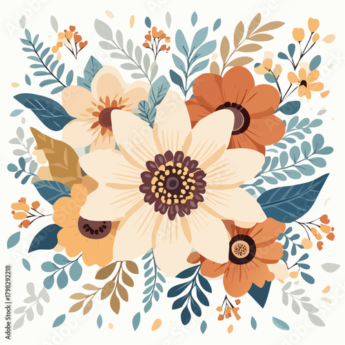 Stylized Vector Illustration of a Bohemian Floral Bouquet with Earthy Tones and Retro Charm