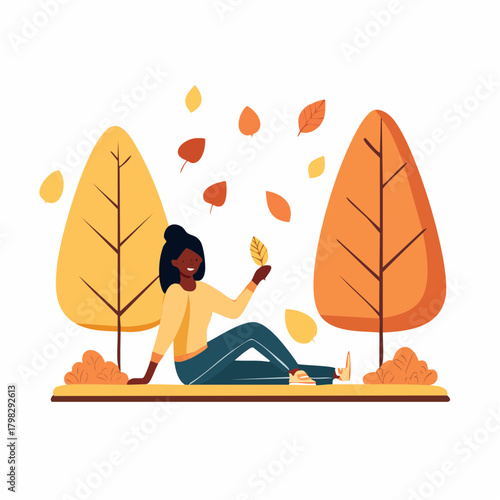 Vector Illustration of a Black Woman Relaxing Peacefully in an Autumn Park, Holding a Fallen Leaf