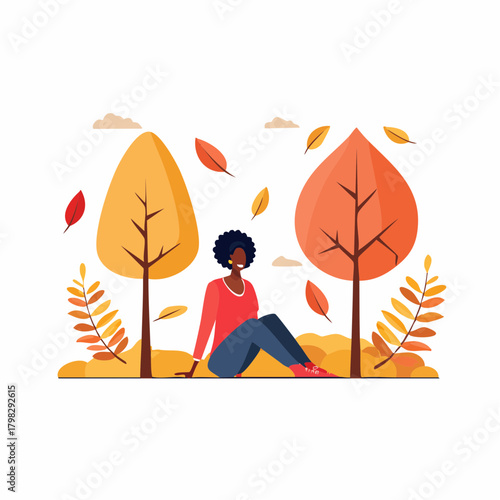 Vector Illustration of a Black Woman Relaxing Peacefully in an Autumn Park with Colorful Trees and Falling Leaves