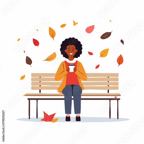 African American Woman Sitting on a Park Bench, Enjoying a Warm Drink Amidst Falling Autumn Leaves
