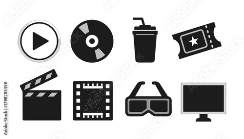 Cinema and Movie Entertainment Solid Icon Set: Play Button, DVD/CD Disc, Popcorn Drink, Ticket, Clapperboard, Film Strip, 3D Glasses, and TV Symbols