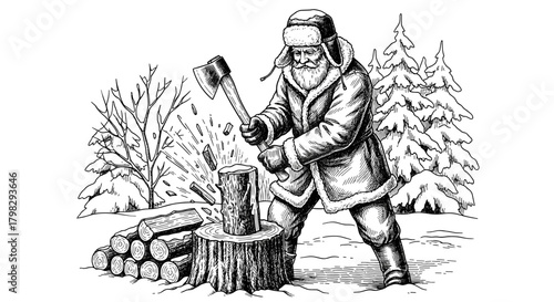 Elderly man chopping wood in winter vintage engraving for rustic lifestyle and book illustration
