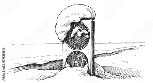 Ink drawing of snow on road reflector for winter safety illustration and editorial design