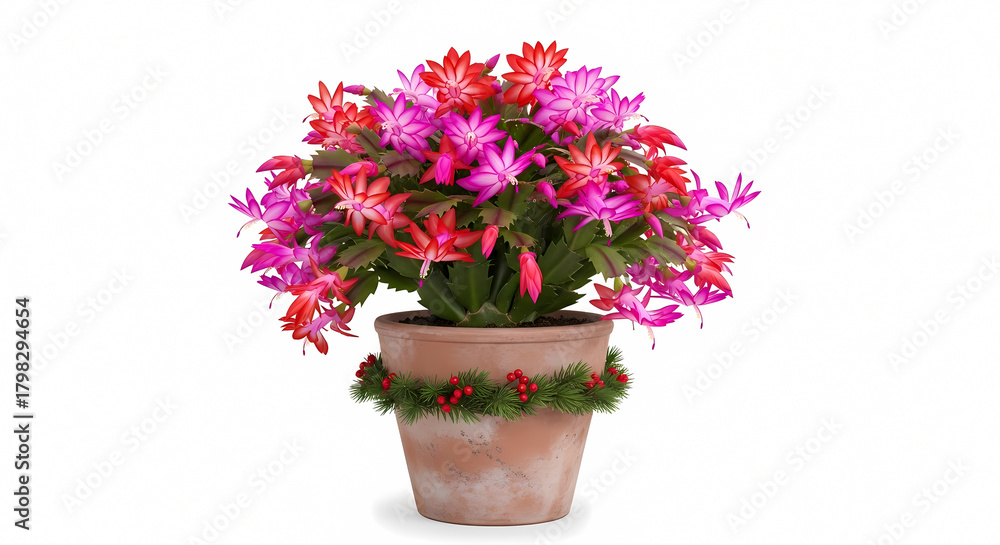 Naklejka premium Vibrant pink and red Christmas cactus in a terracotta pot adorned with festive greenery and berries isolated on white background