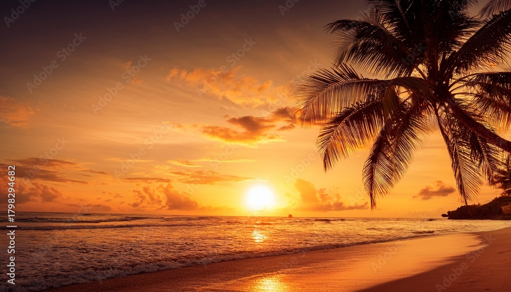 Fototapeta premium Tropical Beach With Palm Trees And Sunset In Orange Tone