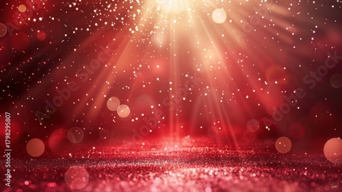 Sparkling Red Background with Light Rays and Bokeh Effect